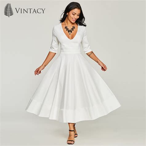 Women Elegant White Dresses Deep V Neck Expansion A line Evening Party ...