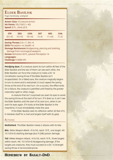 Elder Basilisk | Dungeons and dragons homebrew, Dnd monsters, Dnd 5e homebrew