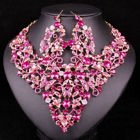 Pink Crystal Bridal Jewelry Sets Statement Necklace & Earring Sets For Bridesmaid Wedding Party ...