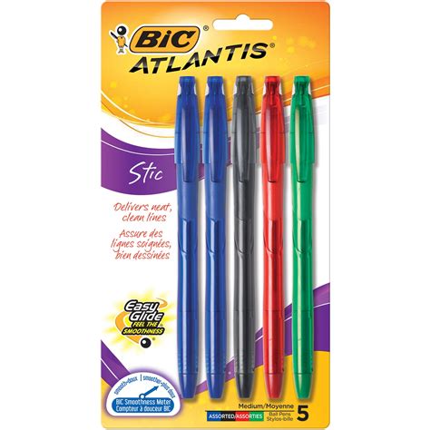 BIC Atlantis Stic Ballpoint Pens - Medium Pen Point Type - Assorted Ink - Clear Barrel - 5 ...