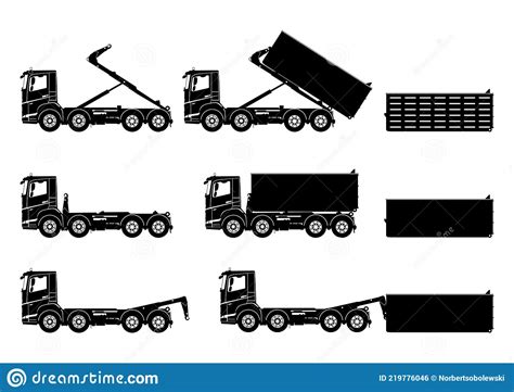 Silhouettes of Roll on-off Hook Loading Skip Truck. Stock Vector ...