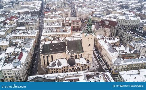 February, 2018 - Lviv, Ukraine. Top View of Lviv City Centre in Snow from Above in Winter ...