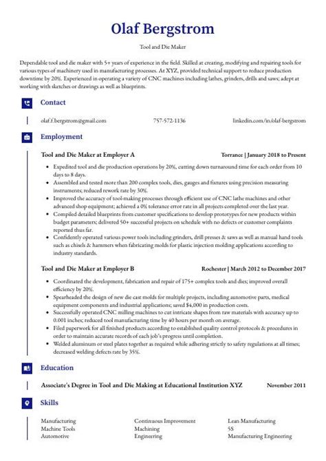 Tool and Die Maker Resume (CV) Example and Writing Guide