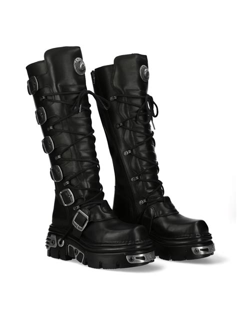 NEW ROCK Gothic Style Black Leather Boots with Metal Logo