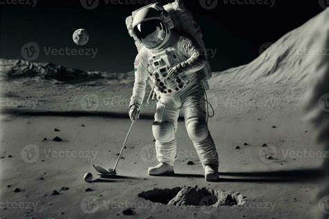 astronaut playing golf on the moon the earth planet on background ...