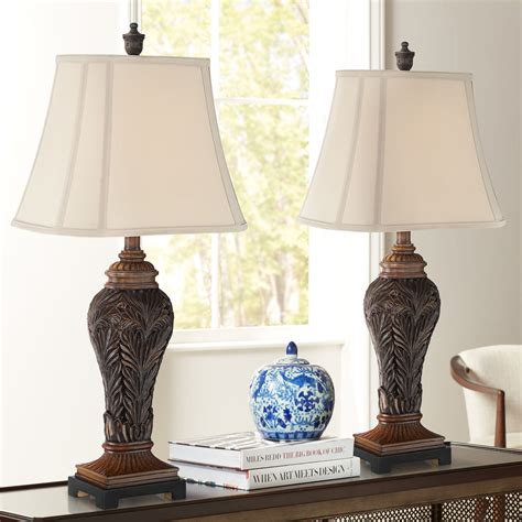 Barnes and Ivy Traditional Table Lamps Set of 2 Leafwork Bronze Vase ...