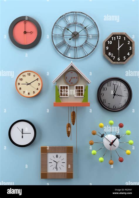 3D rendering of various types and shapes of wall clocks hung on light ...