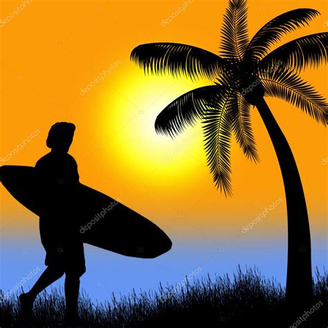 Surfer silhouette on tropical sunset — Stock Vector © roxanabalint #11344295