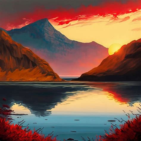 Premium AI Image | a painting of a sunset over a lake with a mountain ...