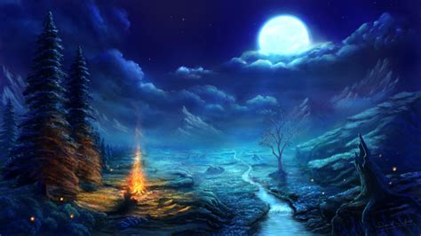 Winter Serenity: A Captivating HD Wallpaper with Moonlit Campfire by Daniel Wachter