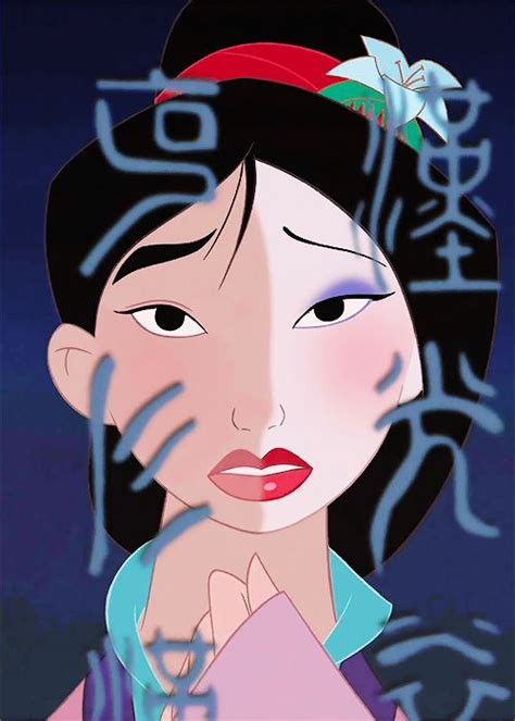 Mulan stares in a mirror with partially-done makeup