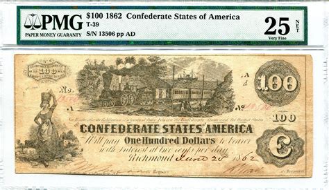 1862 $100 Dollar Bill Confederate States PMG 25 NET Very Fine Richmond ...