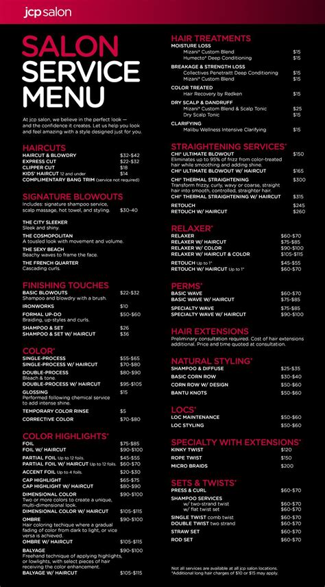 jcp salon (located inside JCPenney) service menu | Hair salon business, Jcp salon, Hair salon prices