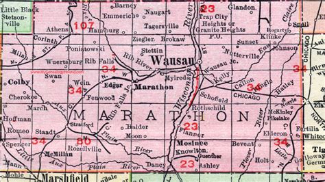 Marathon County, Wisconsin, map, 1912, Wausau, Mosinee, Rothschild ...