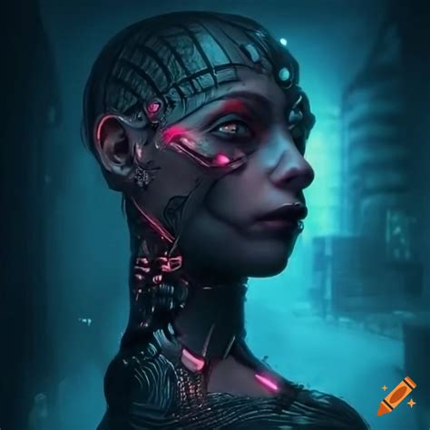 Cyborg goddess with human and cybernetic features in a dark cyberpunk cityscape on Craiyon