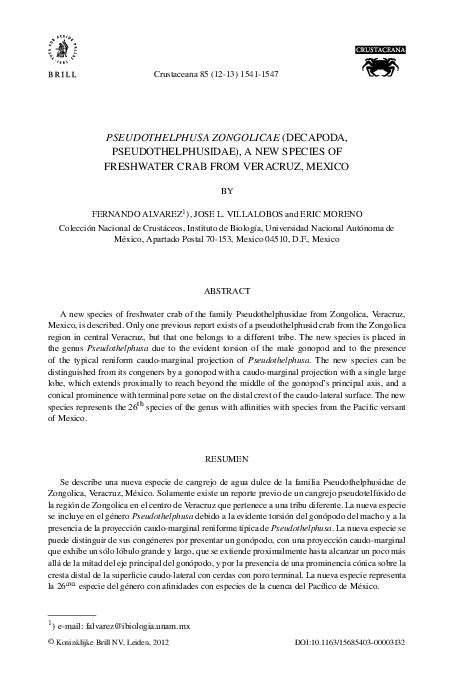 (PDF) Pseudothelphusa zongolicae (Decapoda, Pseudothelphusidae), a new species of freshwater ...