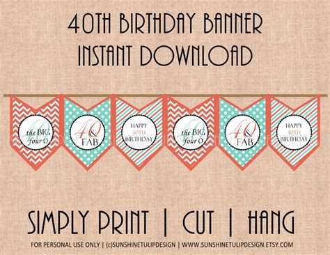 Printable 40th Birthday Banner Coral and Turquoise 40 and Fab