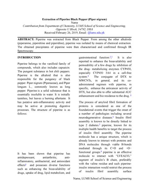 Sample lab report CHEM 230 - Extraction of Piperine Black Pepper (Piper ...