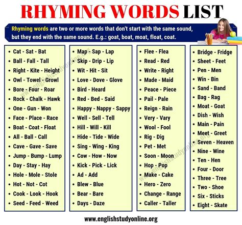 Rhyming Words | List of 70+ Interesting Words that Rhyme in English - English Study Online ...