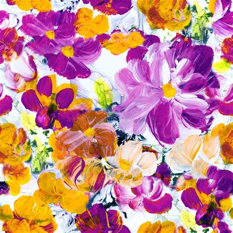 Seamless Pattern of Abstract Painting Pink and Yellow Flowers, Original Hand Drawn ...