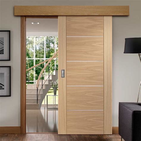 Single Sliding Door & Wall Track - Portici Oak Flush Door - Aluminium Inlay - Prefinished ...