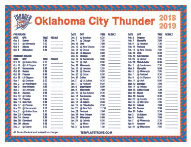 Printable 2018-2019 Oklahoma City Thunder Schedule