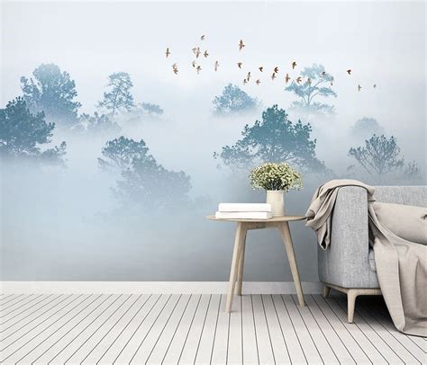 Misty Forest with Birds Wallpaper Mural in 2020 | Forest wall mural ...