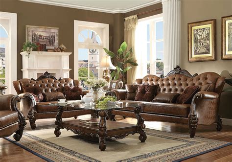 ADELINE Old World Design Living Room Set - NEW Brown Faux Leather Sofa ...