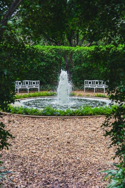 Premium Photo | Beautiful green park garden with small fountain and bench