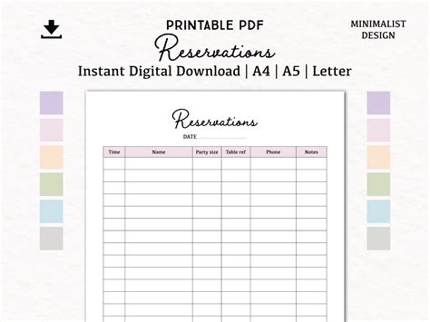 Reservations List Digital Download PDF Printable A4, A5, Letter Table ...