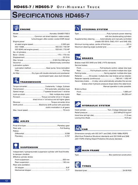 Komatsu hd465 7 Rigid Dump Truck Specifications | PDF | Axle | Horsepower