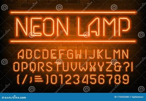 Neon Lamp Alphabet Font. Orange Neon Light Letters, Numbers And Symbols ...