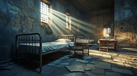 Premium AI Image | The bed in the empty prison cell is illuminated by ...