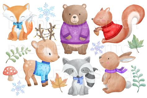 Winter Woodland Animal Watercolor Illustrations (1000859 ...