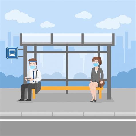 Premium Vector | New normal life people waiting bus transport at bus stop