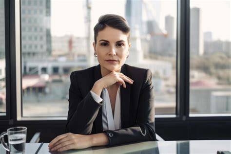 Premium AI Image | Portrait of a Confident Female CEO Sitting at Her Desk with Cityscape View in ...