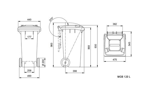 Sizes, dimensions and measures of the waste recycling bins 120 litre images-pictures