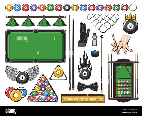 Pool snooker and billiards game equipment icons and player items ...