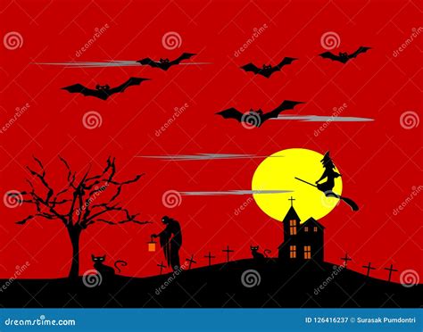 Halloween Night Witches Riding Brooms ,moon Red Sky Background Stock ...