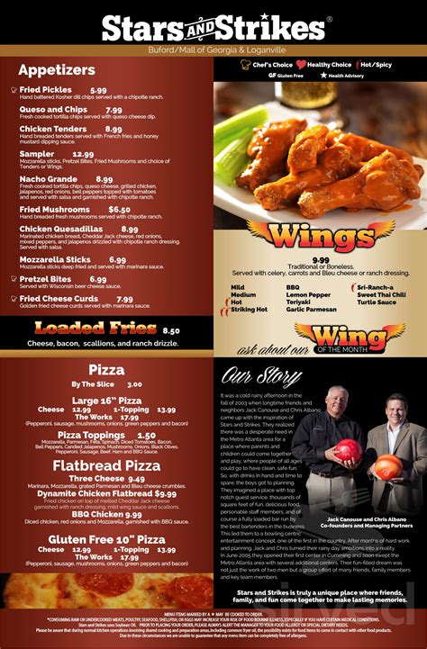 Stars And Strikes menu in Dacula, Georgia, USA