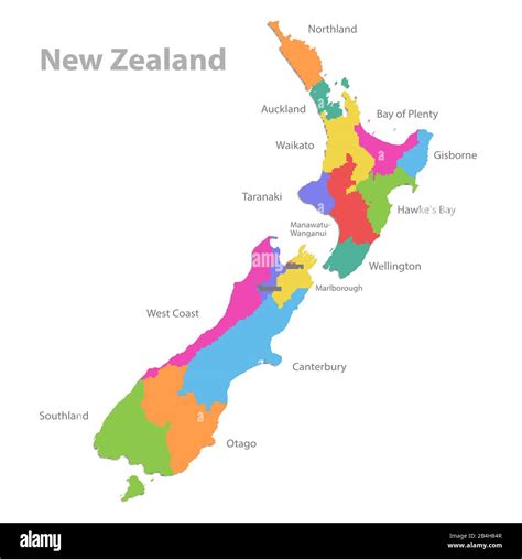 New Zealand map, administrative division with names, colors map isolated on white background ...