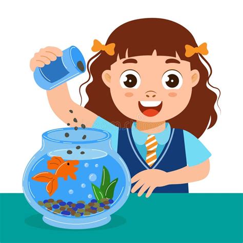 Cheerful Little Girl Feed a Fish in a Glass Aquarium. Pet Care Concept. Illustration Vector ...