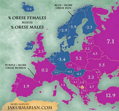 Percentage of obese population by country in Europe (map)