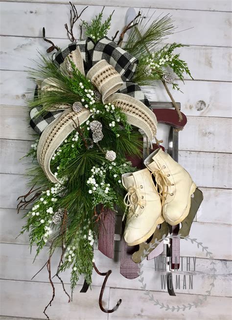 Winter Sled with Ice Skates Door Decor, Winter Decor, Sled Decor, Ice Skate… | Holiday wreaths ...