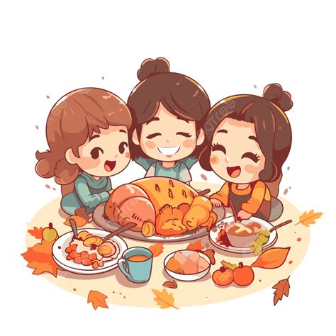 Happy Friendsgiving Clipart Three Happy Girls Sitting In Front Of A Turkey With A Slice Of ...