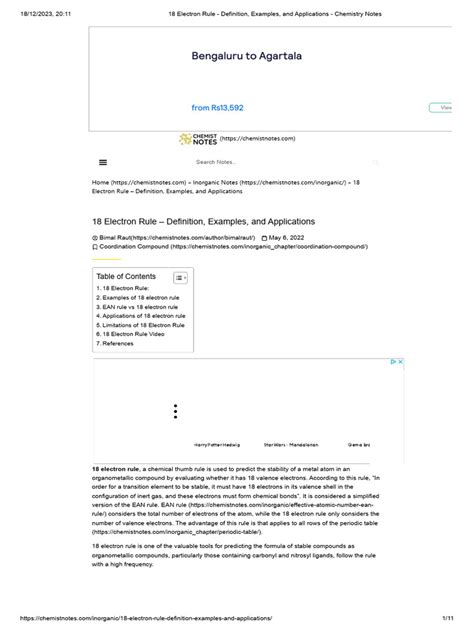 18 Electron Rule - Definition, Examples, And Applications - Chemistry Notes | PDF