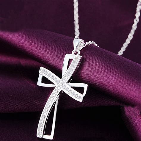 925 Sterling Silver Women Cross Necklace Crystal Chain Jewelry ...