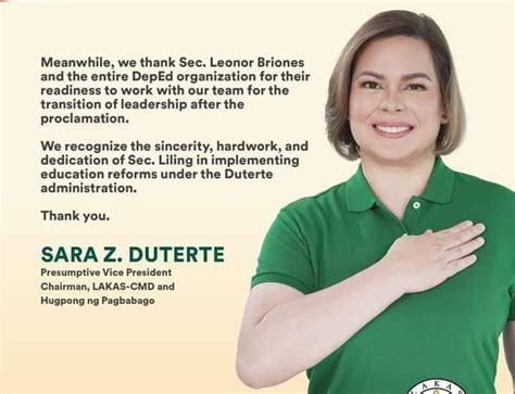 STATEMENT BY SARA DUTERTE ON DEPED SECRETARY POSITION