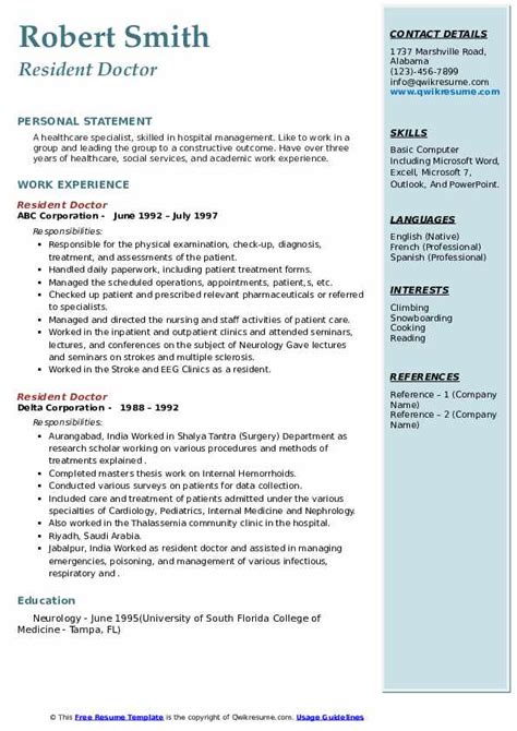 Resident Doctor Resume Samples | QwikResume