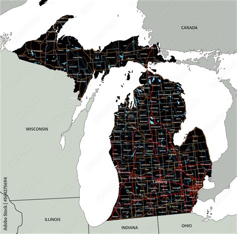 High detailed Michigan road map with labeling. Stock Vector | Adobe Stock